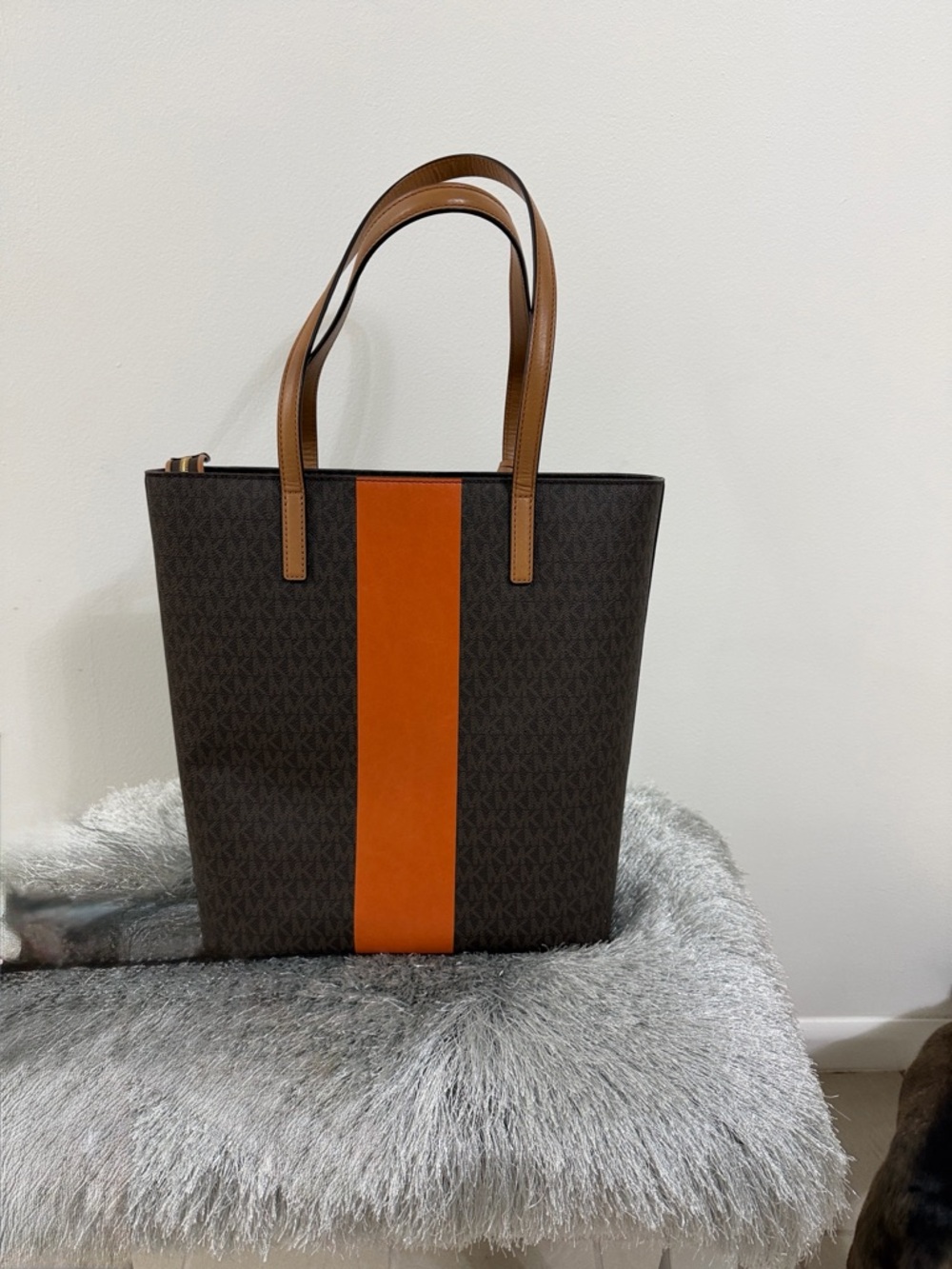 Michael Kors Brown and Orange Monogram Vertical Stripe Tote - Picture 2 of 5